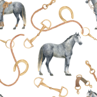 Seamless pattern with watercolor illustration of horse, golden snaffle, bit, horseshoes. Equipment for horse riding set. Isolated. For cards, prints, decor png