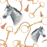 Seamless pattern with watercolor illustration of horse, golden snaffle, bit, horseshoes. Equipment for horse riding set. Isolated. For cards, prints, decor png