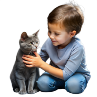 Young Boy Petting a Gray Cat png