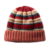 Colorful Striped Knitted Beanie With Red, Blue, and Beige Pattern for Winter png