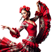 Elegant Woman in Traditional Flamenco Dress Dancing Indoors on a Transparent Background png