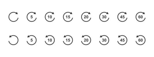 Rewind and fast forward icons with circle arrows and seconds numbers. Round repeat and next buttons isolated on white background. Player playback elements vector