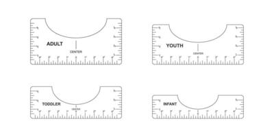 Set of t shirt alignment guides. Adult, youth, toddler, infant size templates. Rulers for centering clothing design. Sewing measurement tools with markup and numbers vector