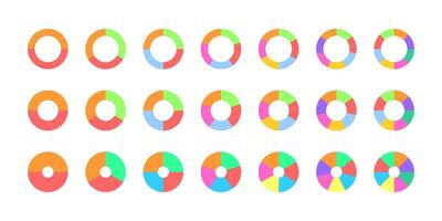 Set of colorful donut or pie chart. Circle division on 2, 3, 4, 5, 6, 7, 8 equal parts. Wheel diagrams with two, three, four, five, six, seven, eight segments vector