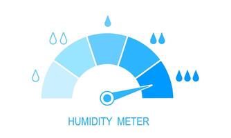 Humidity meter. Measuring dashboard with arrow and water drops with different levels of liquid. Hygrometer visualization. Climate control tool vector