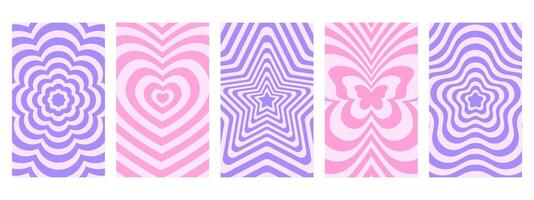 Set of groovy psychedelic patterns in y2k style. Posters with repeating flowers, hearts, stars, butterflies in trendy retro 2000s design vector