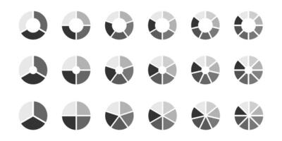 Donut or pie chart templates. Circle divides on 3, 4, 5, 6, 7, 8 parts. Set of wheel diagrams with three, four, five, six, seven, eight sections vector