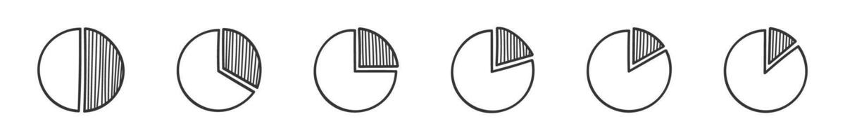 Set of doodle donut or pie charts. Hand drawn circle graphs with separated fragments. Statistics infographic sketch diagrams. Round shapes with hatched slices vector