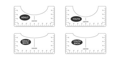 Set of t shirt alignment guides. Adult and youth size front and back templates. Rulers for centering clothing design. Sewing measurement tool with markup and inches numbers for print and cut vector