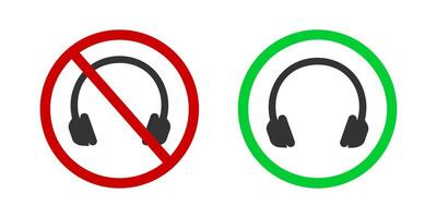 Headphones prohibited and allowed icons. Earphones enable and disable labels. Headphones pictograms in red forbidden and green permitted signs vector