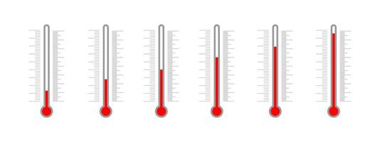 Set of meteorological thermometers with Celsius and Fahrenheit degree scales and glass tubes with different temperature indicators. Climate measuring tool templates vector