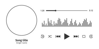 audio jugador interfaz horizontal diseño con redondo canción foto marco, diferente botones, cargando Progreso bar con Temporizador y sonido ola vector