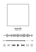 Audio player interface with frame for song cover, sound wave, loading bar with timer and shuffle, rewind, play, fast forward, repeat buttoms. Audio player template vector