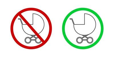 Baby prams banned and accessed icons. Kids prohibited or friendly zone labels for public places. Carriage pictogram in red forbidden and green allowed signs vector