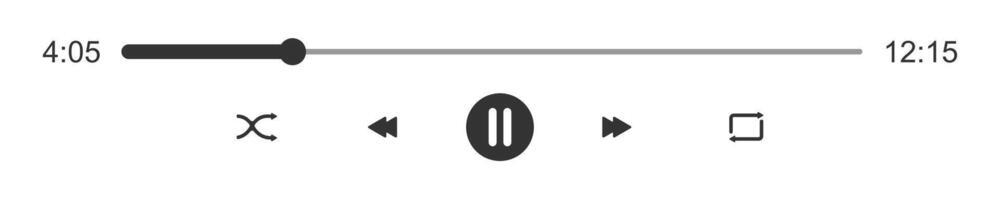 Audio player loading progress bar with time slider. Pause, shuffle, repeat, rewind and fast forward buttons. Simple template of media player playback interface vector