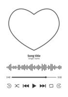 Audio player interface with heart shaped photo frame for song cover, equalizer, loading progress bar with timer, buttoms shuffle, rewind, play, fast forward, repeat vector