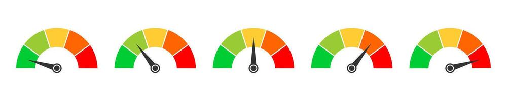 Set of gauge meters with arrows. Colorful indicator to measuring level, temperature, speed, pressure. Rating scale or progress chart template vector