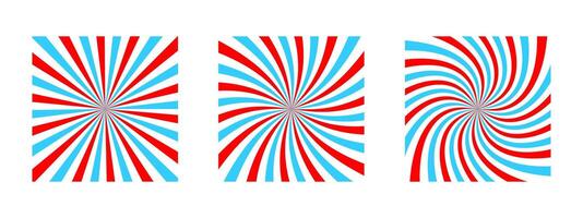 Set of twisted radial pink and blue stripes. Vortex effect. Pinwheel pattern. Circus, carnival or masquerade background. Bubble gum, lollipop candy, ice cream texture vector