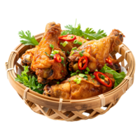 Tasty Fried chicken in bamboo basket isolated on transparent background png
