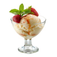 lecker Vanille Eis Sahne mit ein Himbeere im ein Schüssel mit transparent Hintergrund png