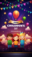 A colorful poster for children's day template featuring three children holding hands psd