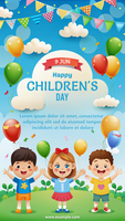 A poster for children's day with three kids holding balloons psd