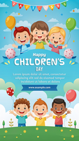 A poster for a children's day celebration with balloons and kids psd