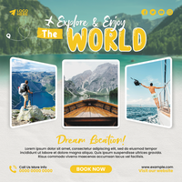 explore and enjoy the world traveling holiday vocation social media post or web banner template design. Tourism business marketing flyer or poster with abstract digital background, logo and icon. psd