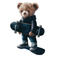 Casual Dressed Teddy Bear with skateboard Design png