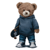 Adorable Teddy Bear in Hoodie with skateboard png