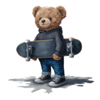 Adorable Teddy Bear in Hoodie with skateboard png