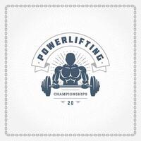 Fitness gym logo or emblem illustration bodybuilder man lifting a heavy barbell silhouette for t-shirt or print vector