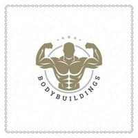 Bodybuilder man logo or badge illustration, male bodybuilding symbol silhouette. vector