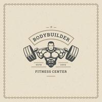 Fitness gym badge or emblem illustration bodybuilder man lifting a heavy barbell silhouette vector