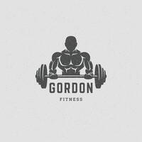 Fitness gym badge or emblem illustration bodybuilder man lifting a heavy barbell silhouette vector