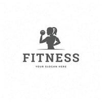 Bodybuilder woman logo or badge illustration female lifting dumbbells symbol silhouette vector