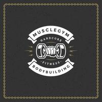 Bodybuilding logo or badge illustration male hand holding dumbbell symbol silhouette vector