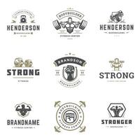 Fitness center and sport gym logos and badges design set illustration typographic labels with sport equipment vector