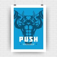 Fitness motivation poster retro typographic quote design template A4 size with bodybuilder man bull head silhouette. vector