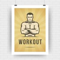 Fitness motivation poster retro typographic quote design template A4 size with bodybuilder man silhouette. vector