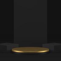 dorado 3d cilindro podio pedestal con negro pared lujo producto monitor realista vector