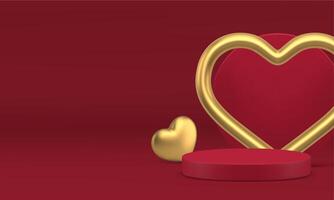 Red luxury 3d podium pedestal with golden heart wall banner copy space studio realistic vector