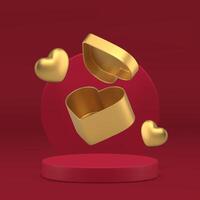 3d rojo podio pedestal con dorado abierto corazón regalo caja San Valentín día monitor realista vector