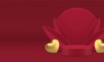 Red luxury 3d podium pedestal with golden heart and leaves for product show realistic vector