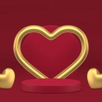 Luxury romantic 3d podium pedestal with golden heart wall for product show realistic vector