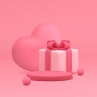 romántico elegante rosado 3d podio pedestal con corazón y regalo caja realista ilustración vector