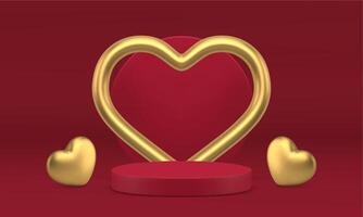 3d podium luxury red pedestal with golden heart wall Valentine's Day promo realistic vector