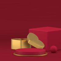 Red 3d podium luxury pedestal with golden heart gift box for shopping product show realistic vector