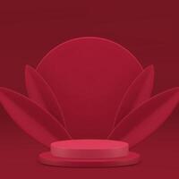 Red cylinder 3d podium pedestal with circle wall leaves for product presentation realistic vector