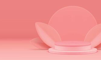 Elegant pink 3d podium with leaves mock up for cosmetic product presentation realistic vector